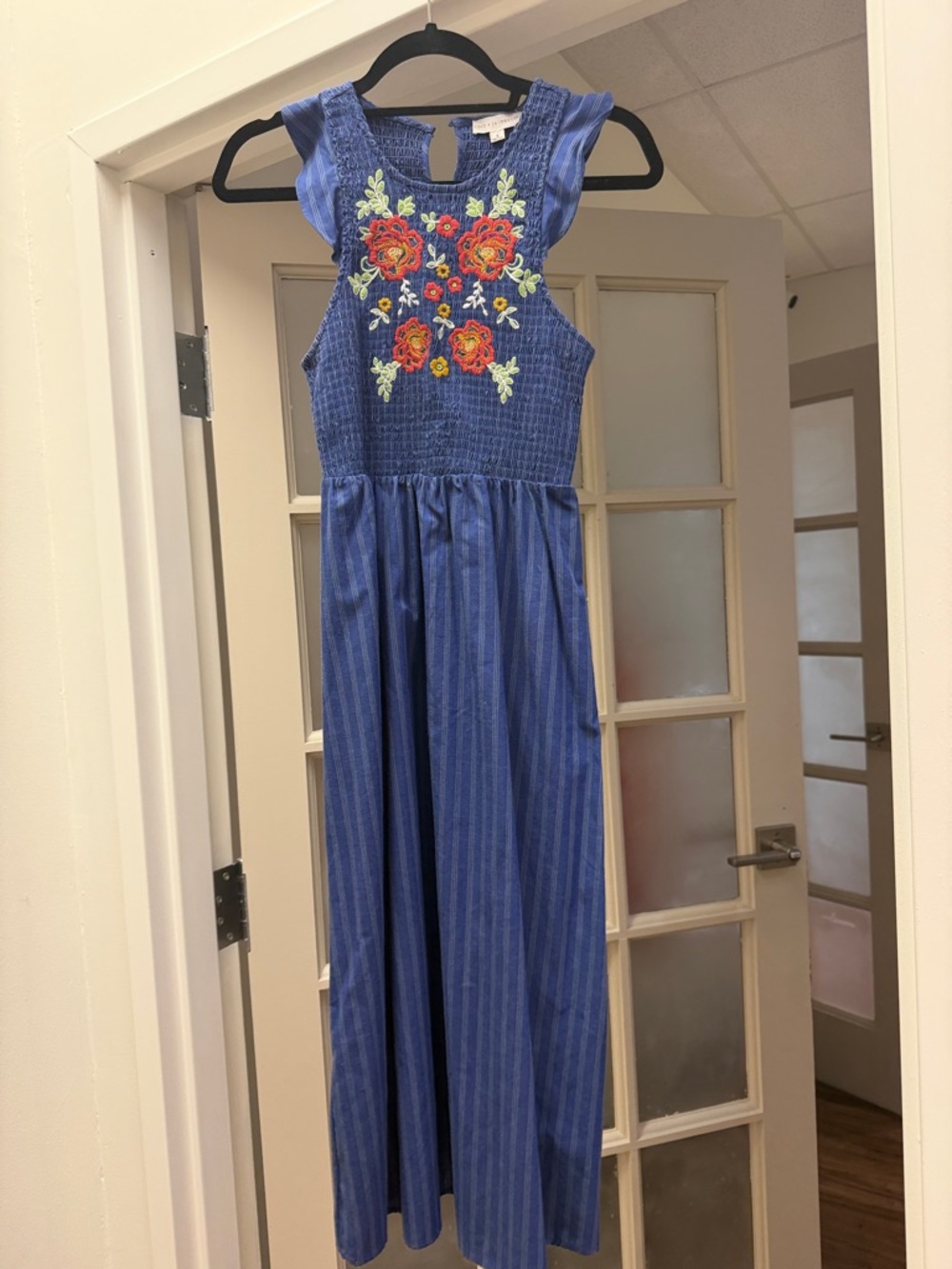 Girls Blue Floral Embroidered Maxi Dress with Smocked Bodice